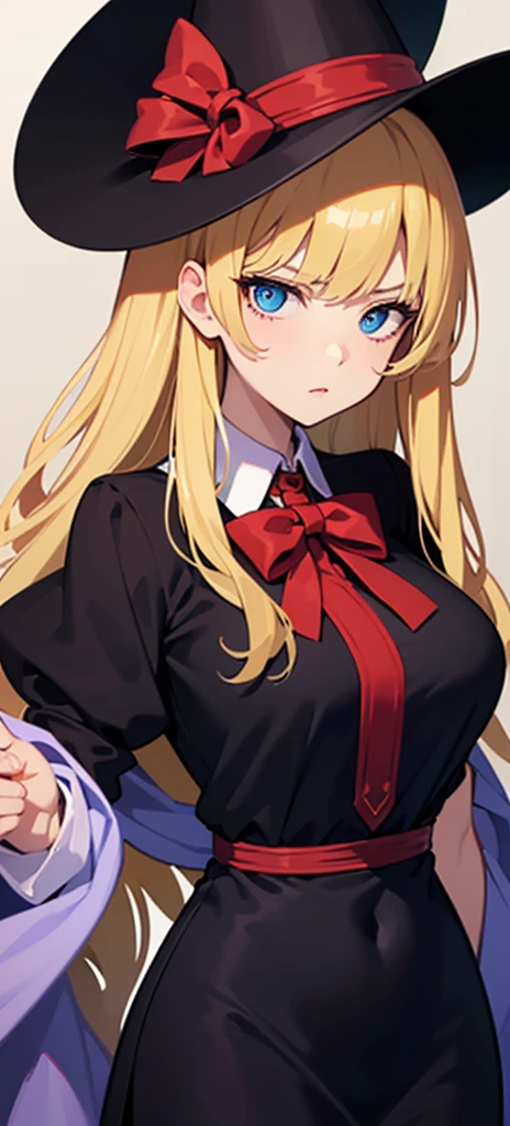 (( straight face picture )) ((best quality)), ((Masterpiece)), (details), Young woman , yellow hair , long hair , tie up hair ,With a red bow , Reserve female magic , blue eyes ,Blue purple set, Gold pattern, wearing a big brimmed hat , Magician , The dress is very beautiful. ,long dress