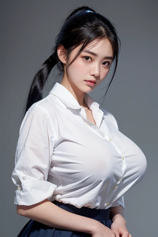 ((Highest quality)), Realistic, Photorealism, Realistic, High resolution, beautiful, high school girl, White skin, (Detailed face), (White shirt with collar,Navy blue flared skirt),(Huge breasts:1.2), Highest quality, 超High resolution, (Realistic:1.4),ponytail (Black Hair:1),Big breasts hidden under the shirt,Staring at the audience,Beautiful delicate eyes,A soft smile