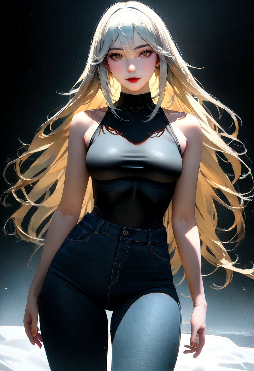 ((最gute Qualität, 8K, maSterpiece: 1.3, Ultra HD, gute Qualität, 最gute Qualität, High reSolution, realiSm)) 、(high color Saturation:1.0), (highly detailed Skin), (最gute Qualität:1.0), (超High reSolution:1.0) ,(realiStic:1.0), (Super detailliert:1.0), (8K, RAW-Foto:1.1), Slender、Slender, (full shot), full shot of a age girl, very skinny body, very slim body, wearing black sleeveless shirt, black tight top, blond long hair, blond, teenack jeans, low waist jeans, skinny dark jeans,