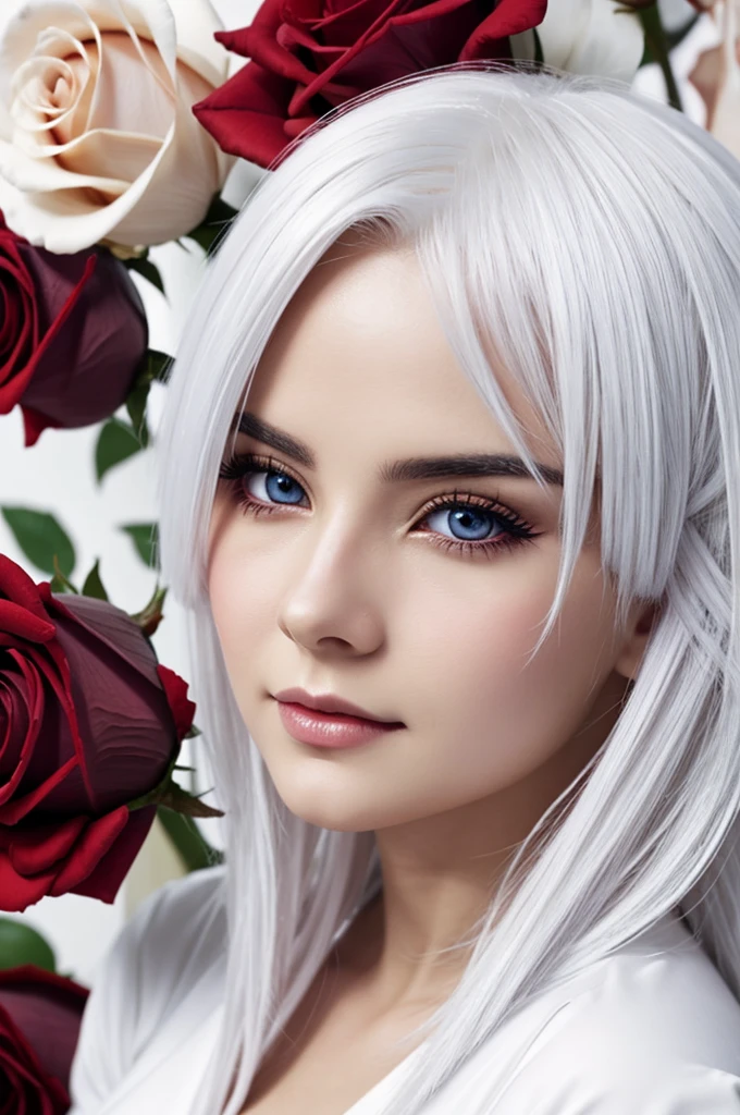 anime, White hair with red rose petal eyes