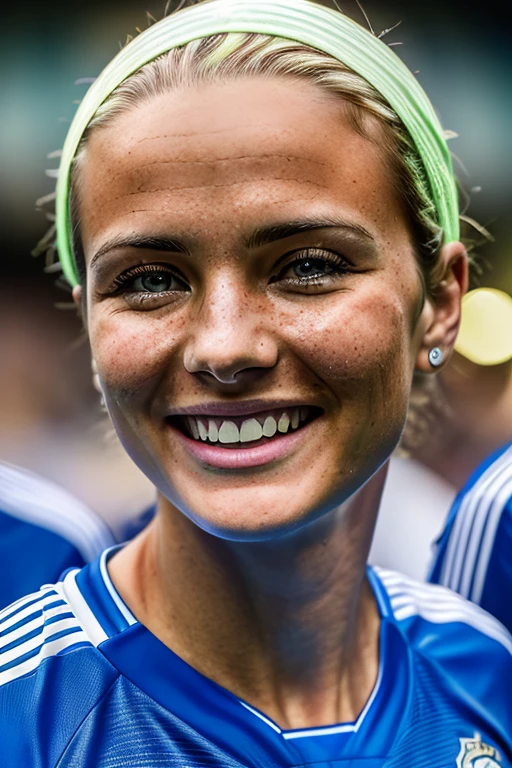 Generate a high-quality, realistic image of a couple's face, smiling at a soccer stadium celebration in street clothes. The image must be detailed, with neutral lighting, a generic background, with a smiling facial expression, so that it can be easily adjusted and improved in Photoshop. Also, include SOME NATURAL delicate imperfections on the faces like pimples and blemishes nothing exaggerated so I can edit these details in photoshop. These images will be used for editing in a portfolio, so it is important that they are well defined and have high resolution. HD, 300pix/in. Normal person. A realistc photo taken with an iPhone