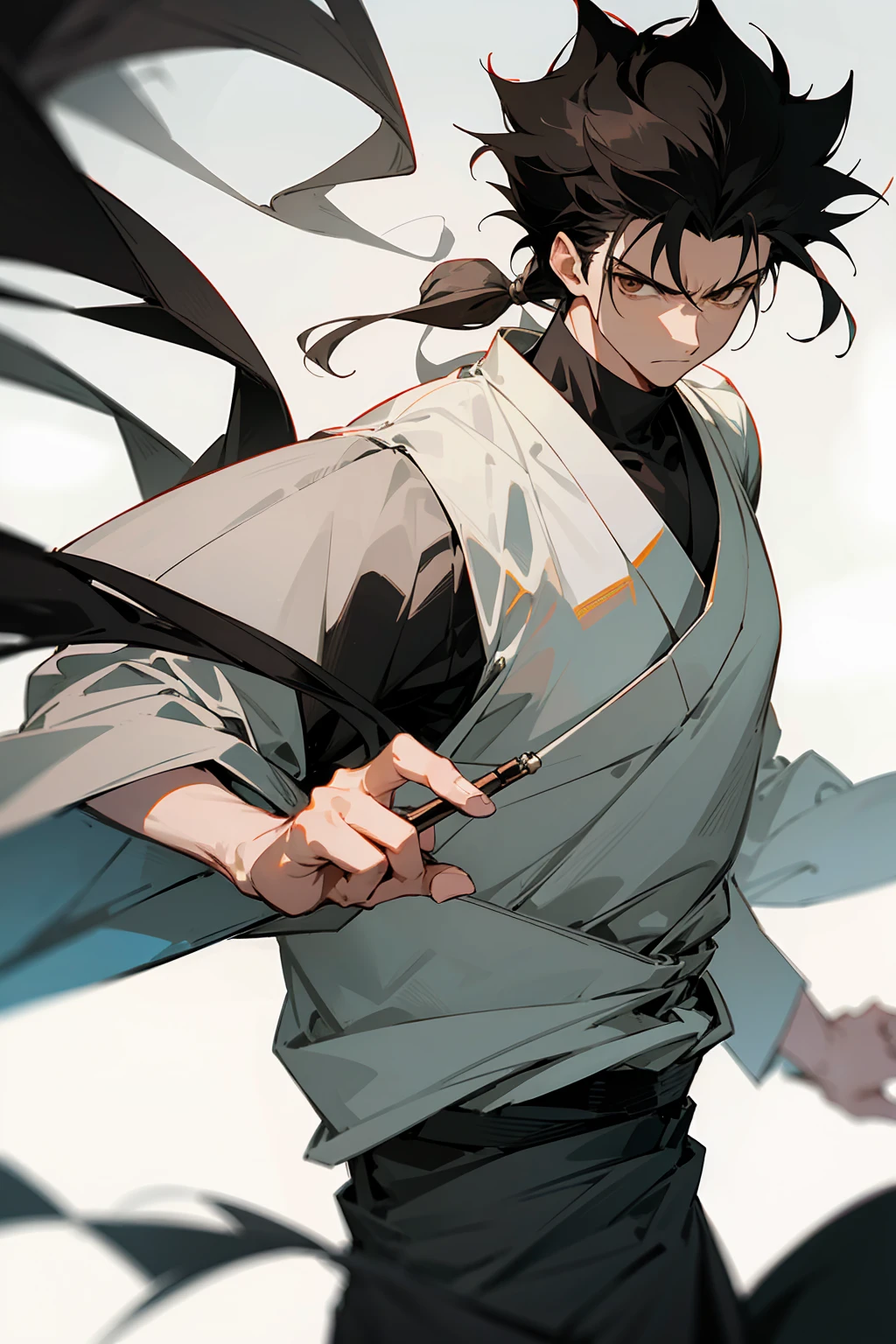 1male, Male, Dark Black Fluffy Hair, Brown Eyes, Perfect Generation, Masterpiece Quality, serious expression, Black and White Shihakusho Outfit