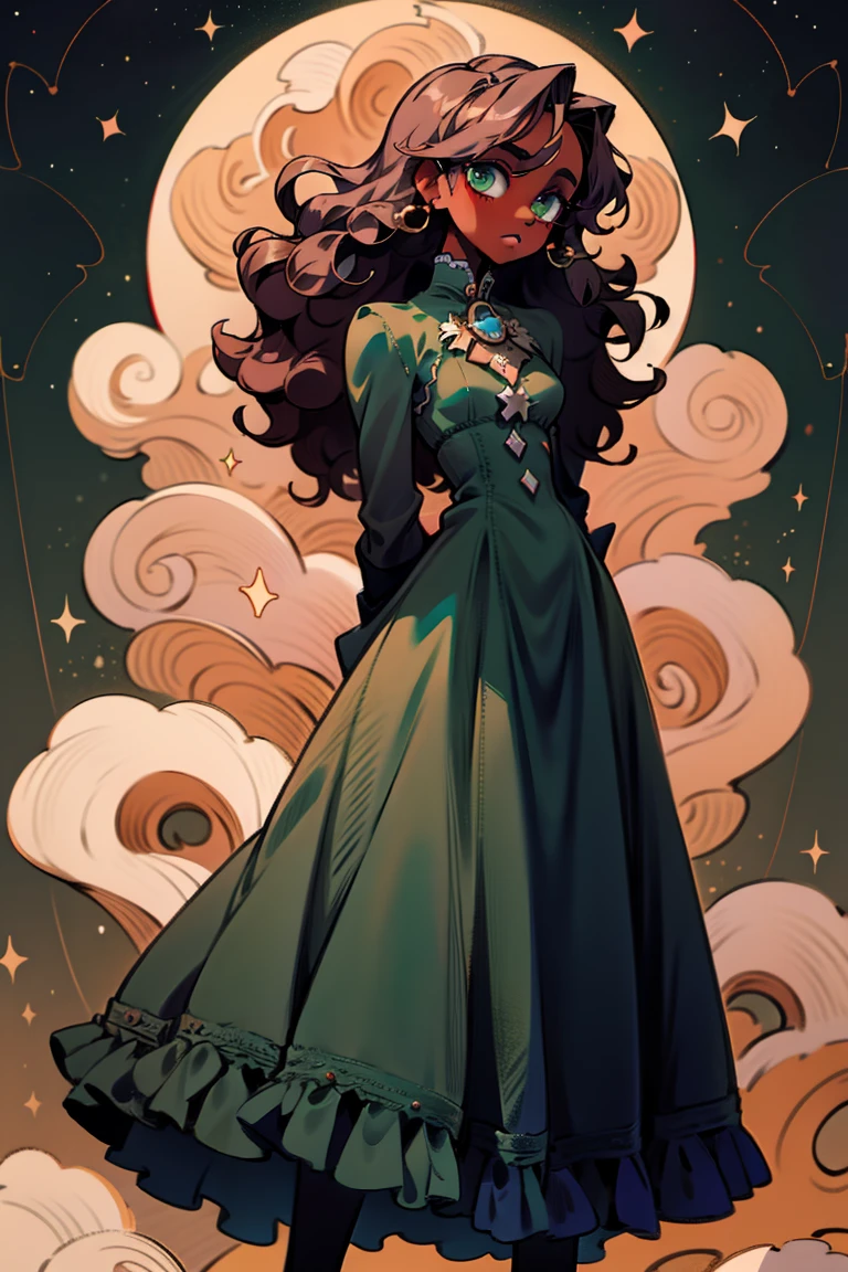masterpiece, absurdres, 1girl, cowboyshot, tachi-e, mature woman, best aesthetics, medium breasts, wide hips, thick thighs, dark hair, narrow eyes, dark skin, ankle-length dress, arched nose, soft shading, very detailed face, clean lines, dynamic pose, anatomically correct, hyperdetailed, beautiful lighting, dark atmosphere, dark eyeshadow, good makeup, detailed hair, green eyes, sparkling eyes, telescope, magic, fantasy, medieval, high fantasy, black stockings, comfy, cozy, tareme, medium chest, SFW, long dress, arms behind back, outdoors, constellations in sky, stargazing, extremely curly hair, BC shape hair strand, closed wavy hair, kinky hair, african, adult woman, hourglass figure