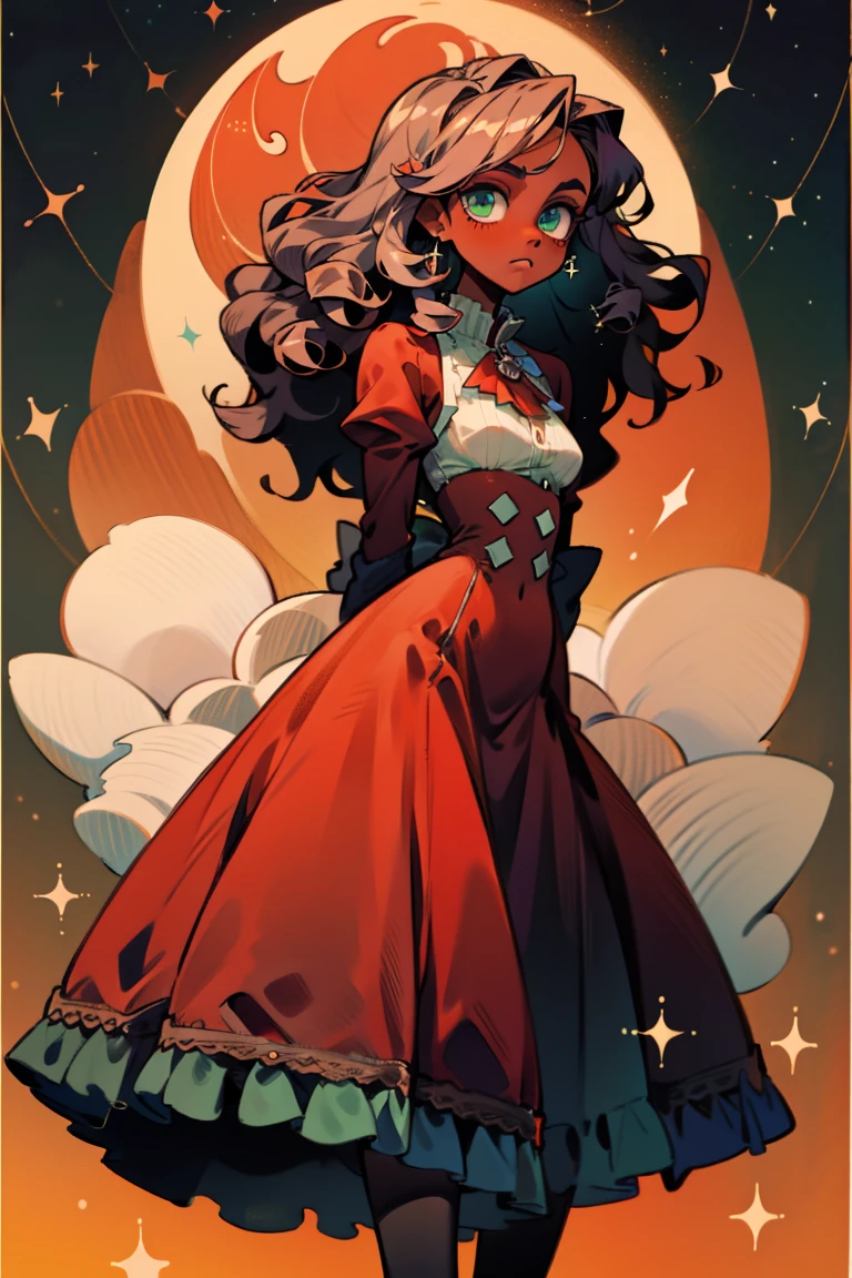 masterpiece, absurdres, 1girl, cowboyshot, tachi-e, mature woman, best aesthetics, medium breasts, wide hips, thick thighs, dark hair, narrow eyes, dark skin, ankle-length dress, arched nose, soft shading, very detailed face, clean lines, dynamic pose, anatomically correct, hyperdetailed, beautiful lighting, dark atmosphere, dark eyeshadow, good makeup, detailed hair, green eyes, sparkling eyes, telescope, magic, fantasy, medieval, high fantasy, black stockings, comfy, cozy, tareme, medium chest, SFW, long dress, arms behind back, outdoors, constellations in sky, stargazing, extremely curly hair, BC shape hair strand, closed wavy hair, kinky hair, african, adult woman, hourglass figure