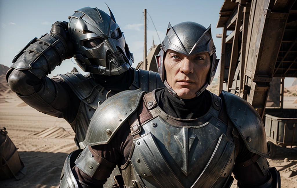 Magneto with his realistic madmax armor and helmet, well detailed in 8k