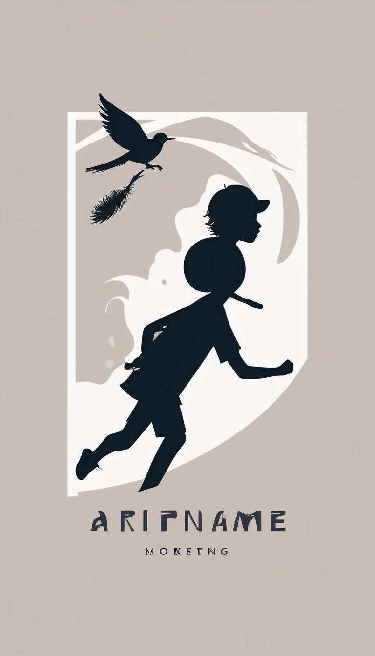 Create a modern, minimalistic logo design for a brand about music and movies. The logo must be in minimalistic style and convey a sense of storytelling. The logo is the silhouette of a boy and a bird. The boy is running with open arms, holding an acoustic guitar in the right hand and a bird feather in the left hand.