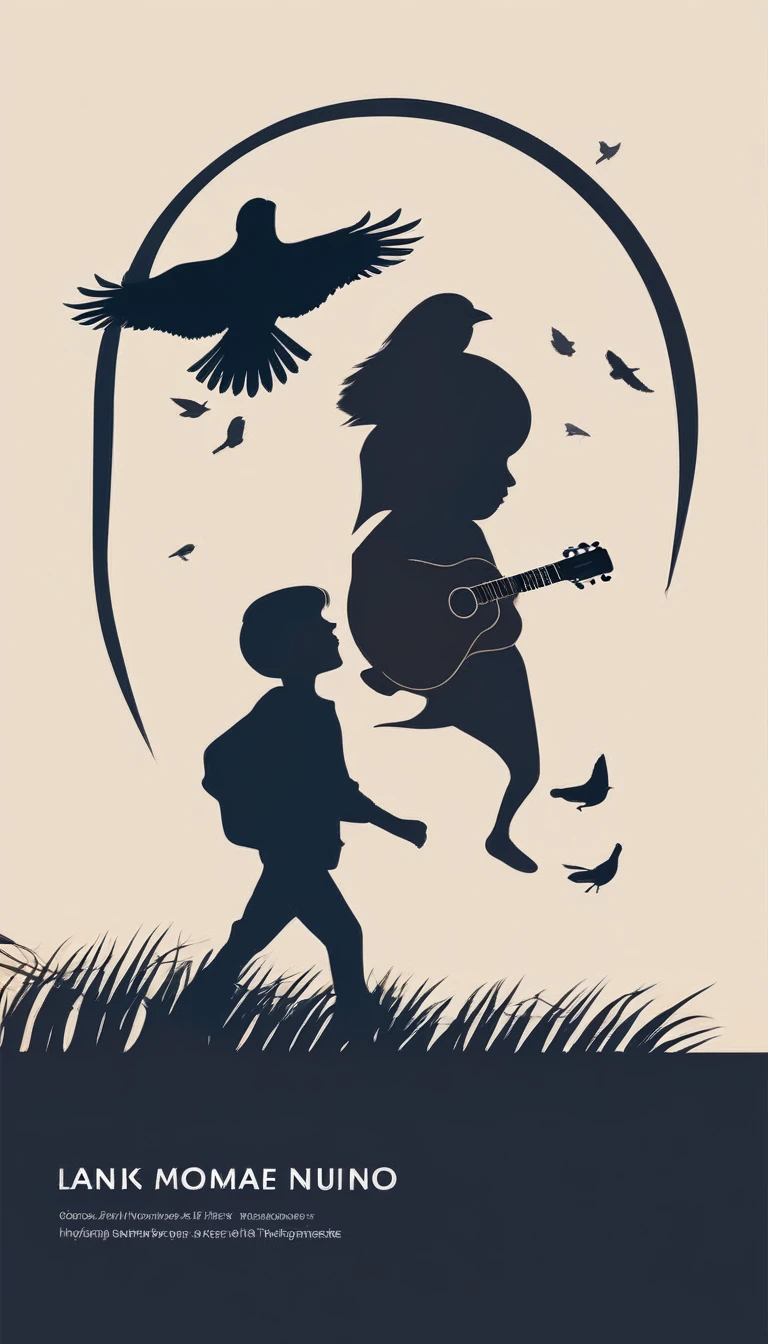 Create a modern, minimalistic logo design for a brand about music and movies. The logo must be in minimalistic style and convey a sense of storytelling. The logo is the silhouette of a boy and a bird. The boy is running with open arms, holding an acoustic guitar in the right hand and a bird feather in the left hand.