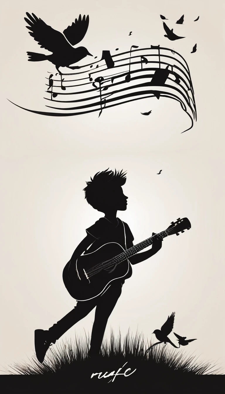 Create a modern, minimalistic logo design for a brand about music and movies. The logo must be in minimalistic style and convey a sense of storytelling. The logo is the silhouette of a boy and a bird. The boy is running with open arms, holding an acoustic guitar in the right hand and a bird feather in the left hand.