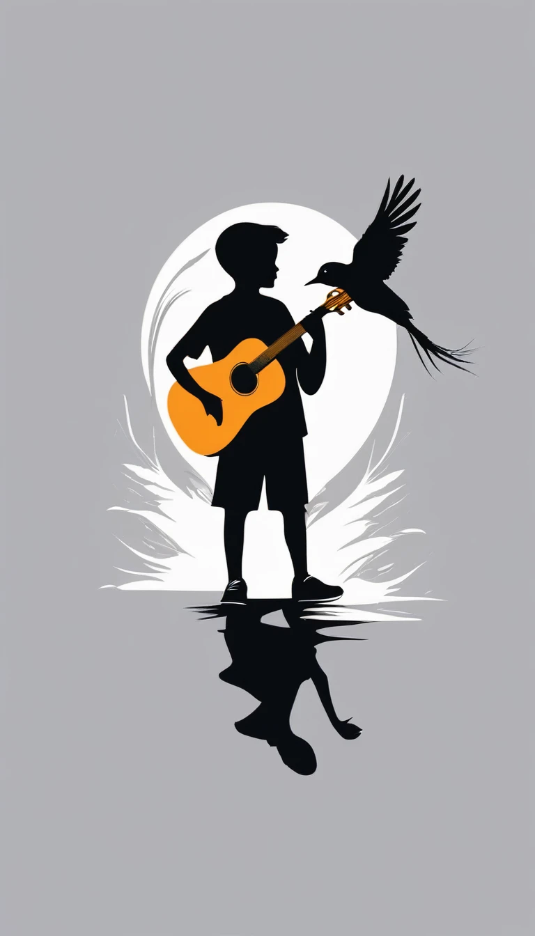 Create a modern, minimalistic logo design for a brand about music and movies. The logo must be in minimalistic style and convey a sense of storytelling. The logo is the silhouette of a boy and a bird. The boy is running with open arms, holding an acoustic guitar in the right hand and a bird feather in the left hand.