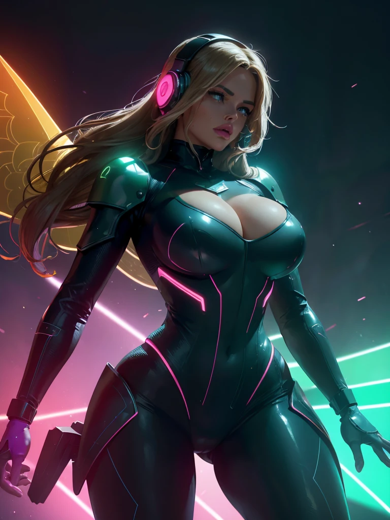 a Valkyrie woman in a futuristic tech bodysuit, neon tech armor, gloves, boots, and headphones, dynamic full body pose, detailed face and eyes, photorealistic, 8k, (best quality,4k,8k,highres,masterpiece:1.2),ultra-detailed,(realistic,photorealistic,photo-realistic:1.37),dynamic action pose,cleavage,highly detailed mechanical armor,intricate futuristic technology,cinematic lighting,vibrant neon colors,dramatic shadows,glowing tech details
