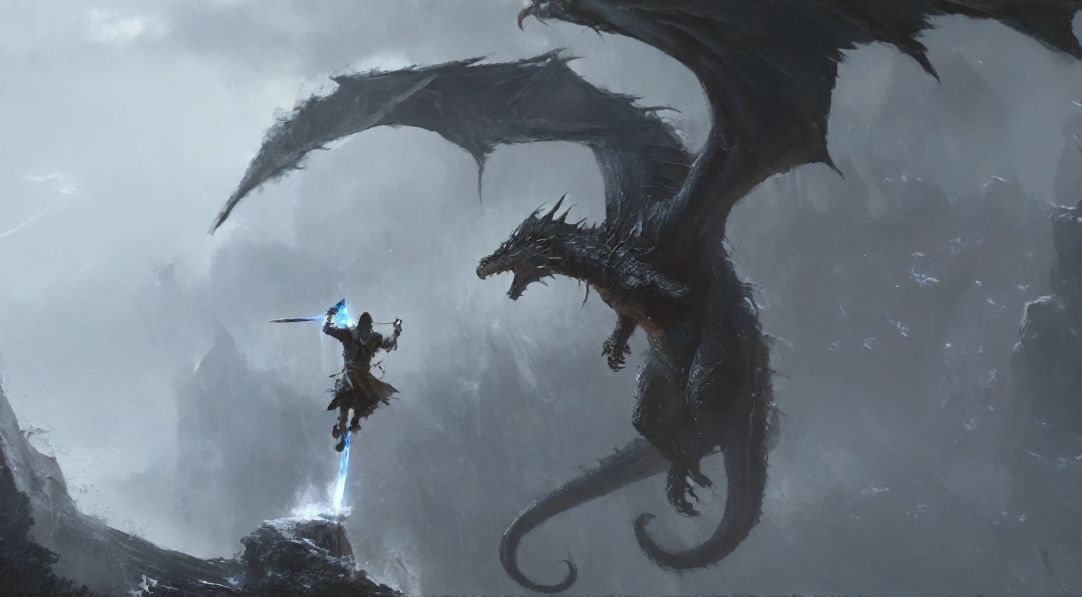 There is a warrior,There is a dragon next to it, Fight dragons, Fight dragons, Skyrim Art, epic elder scrolls art, Dragon in the background, epic fantasy illustration, elder scrolls art, Epic Fantasy Artwork, 4K fantasy art, Dragon flying in the background, Alduin, Epic fantasy digital art style, Ominous fantasy illustration, epic dragon