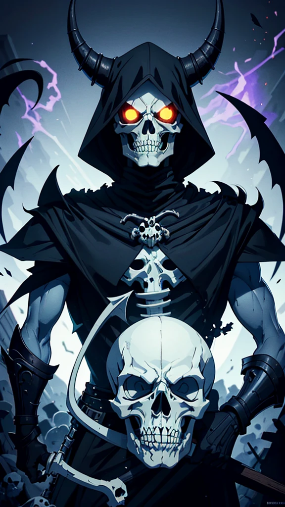 skullish, horn curved towards the back of the head, No eyes, black cape with collar, skeletor, apavorante, The background is a cemetery, de corpo inteiro, serious face with a cane