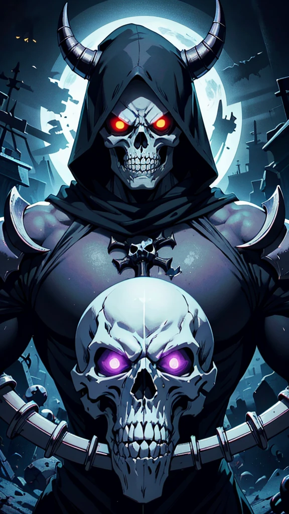 skullish, horn curved towards the back of the head, No eyes, black cloack, skeletor, apavorante, The background is a cemetery, com corpo inteiro de skeletor, serious face with a bone cane