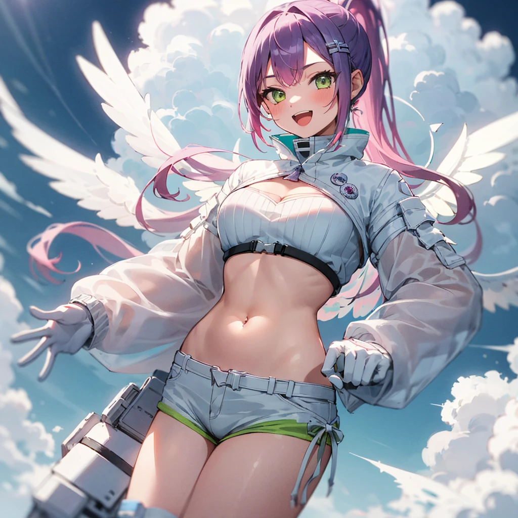 1girl, solo, heaven, clouds, light, cowboy shot, :D, towawhite, (halo), (angel wings, giant wings), high ponytail, very long hair, navel, white crop top, white jacket, cleavage, white shorts, short shorts, navel, long sleeves, white gloves, knee pads 