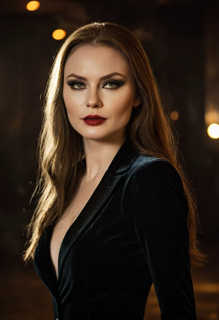 beautiful Slavic woman, long hair, pale skin, Photo, Halloween Skin - Catwoman, in club, velvet black suit, whole body, Sharp Focus, dynamic sexy pose, helios 44-2, swirling bokeh, Sharp Focus, Студийное Photo, complex parts, high detail, sharpness, character portrait, perfect lighting, masterpiece, Detailed backstory, Cinematic lighting, 8 k
