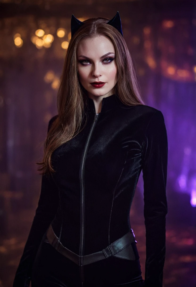 beautiful Slavic woman, long hair, pale skin, Photo, Halloween Skin - Catwoman, in club, velvet black suit, whole body, Sharp Focus, dynamic sexy pose, helios 44-2, swirling bokeh, Sharp Focus, Студийное Photo, complex parts, high detail, sharpness, character portrait, perfect lighting, masterpiece, Detailed backstory, Cinematic lighting, 8 k