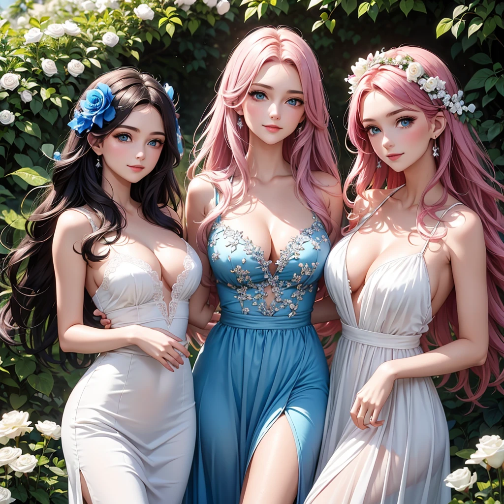 trois belle déesse, 22 ans, les trois graces, peau brillante cheveux rose vif. ailes de papillon sur le dos, yeux bleu clair détaillés gros seins de haute qualité. décolleté vêtements asiatiques et grecs. sourire, des ailes de papillon sortent de son dos