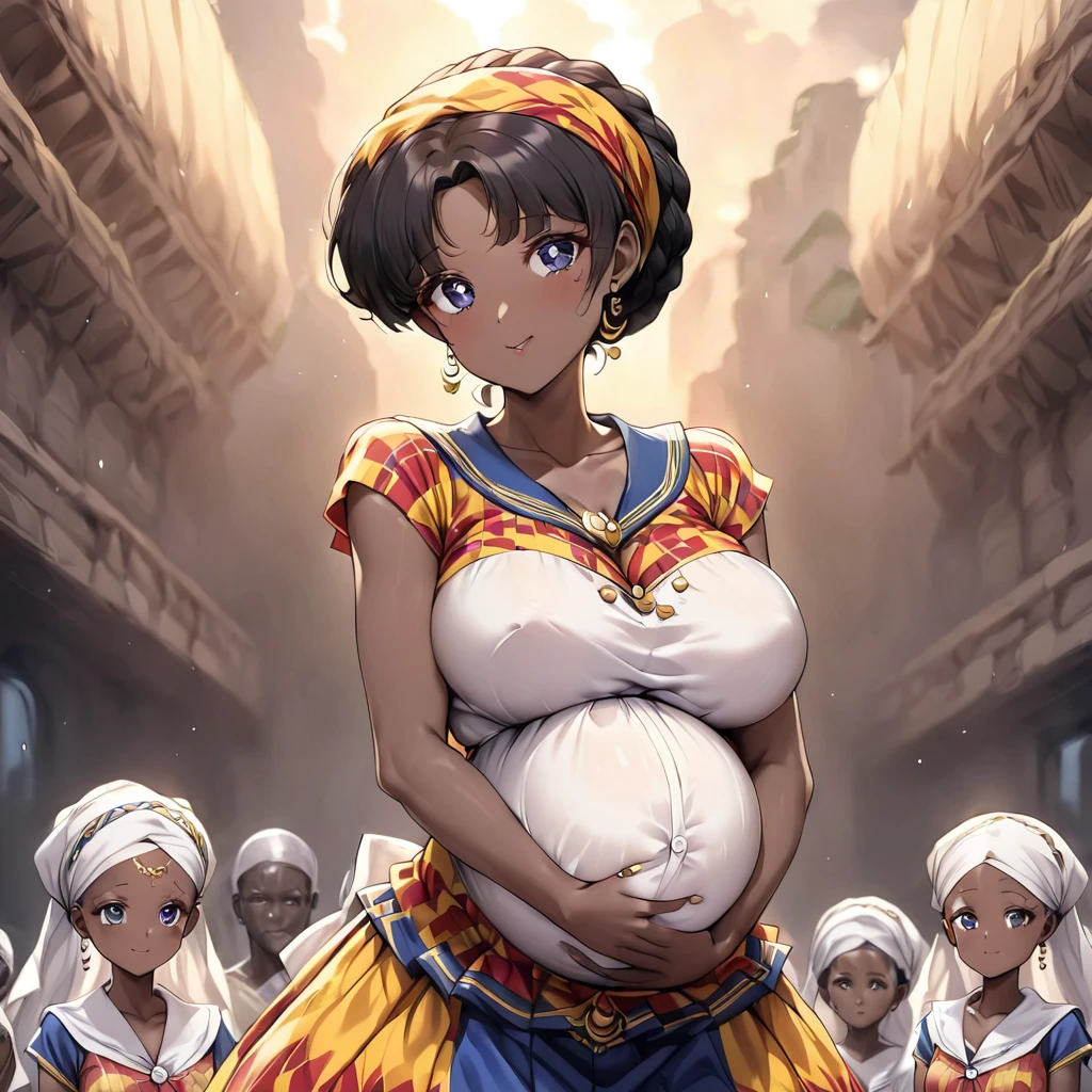 ((Highest quality)), ((masterpiece)), (detailed), (Perfect Face)、The woman is a Ghanaian born Tsukino Usagi with a vivid dark skin, black by birth, and is wearing a colorful Ghanaian dress from a Ghanaian village, a colorful turban head scarf, gorgeous jeweled accessories, and an engagement ring.、The woman is the elegant Tsukino Usagi, with her short black afro hair tied up in a Ghana braid, wearing a colorful Ghanaian dress and a colorful turban head scarf, with vibrant dark brown skin, a natural-born black person, and a natural-born Ghanaian, Tsukino Usagi.、(The woman is a black Ghanaian with vivid dark brown skin.)、The woman is raising children and doing village work with other village girls in her village in Ghana.、The women are pregnant、The woman is holding her baby daughter、Polygamous Ghanaian families are large and have many other wives and children.