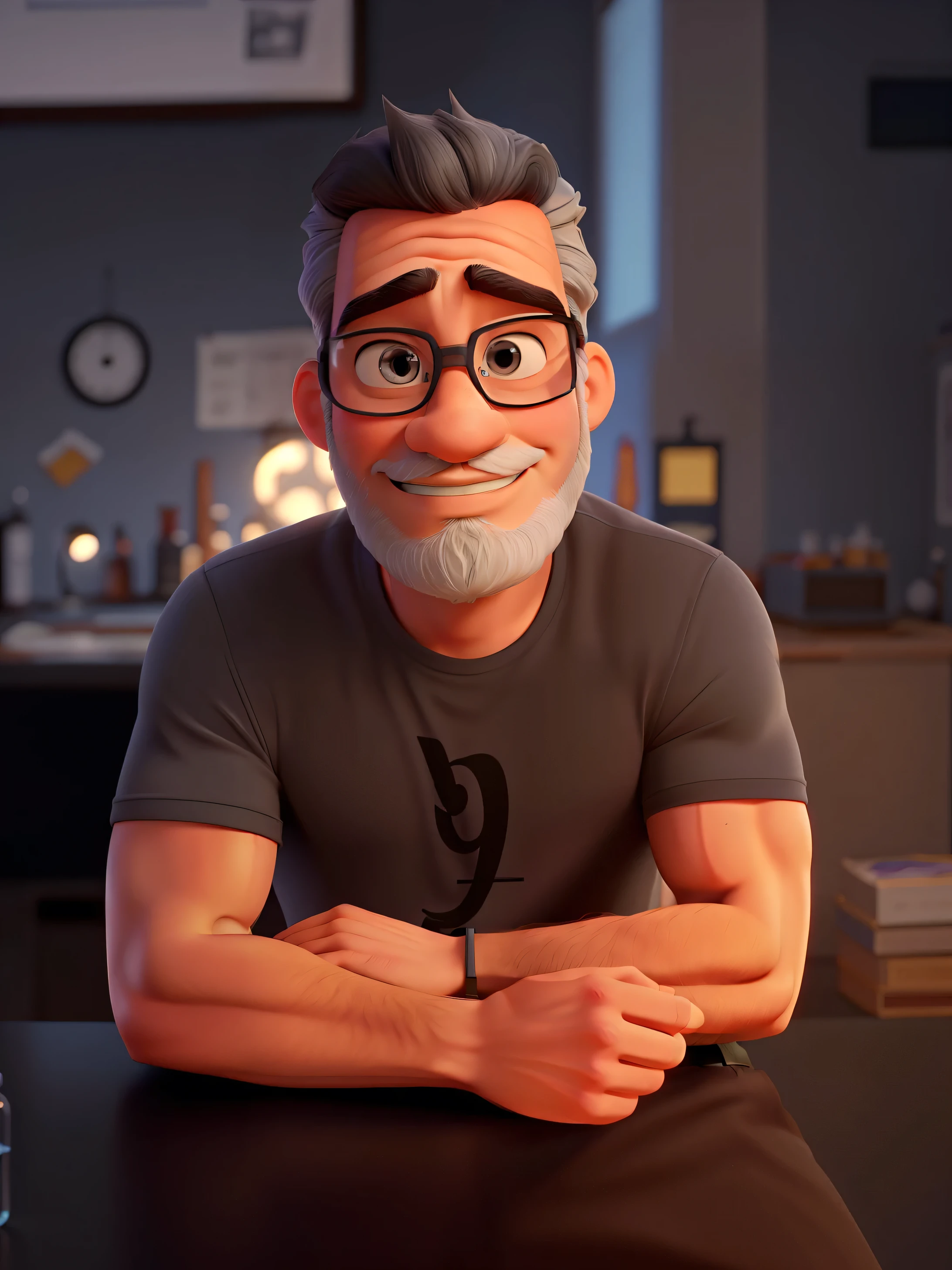 Poster not in the Disney Pixar style, high qualiy, best qualityer, white sexy man, 30years, gray hair, black beard, muscular, with experience in a scientific style room, a lover of studies