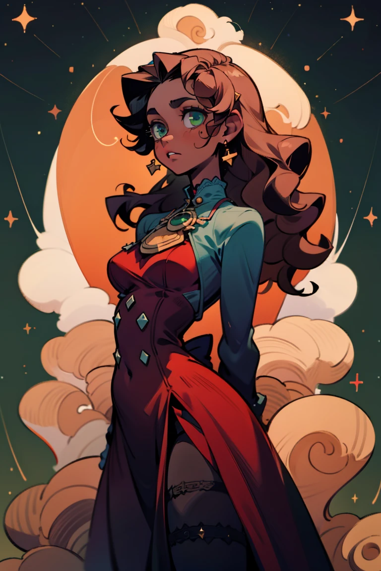masterpiece, absurdres, 1girl, cowboyshot, tachi-e, mature woman, best aesthetics, medium breasts, wide hips, thick thighs, dark hair, narrow eyes, dark skin, ankle-length dress, arched nose, soft shading, very detailed face, clean lines, dynamic pose, anatomically correct, hyperdetailed, beautiful lighting, dark atmosphere, dark eyeshadow, good makeup, detailed hair, green eyes, sparkling eyes, telescope, magic, fantasy, medieval, high fantasy, black stockings, comfy, cozy, tareme, medium chest, SFW, long dress, arms behind back, outdoors, constellations in sky, stargazing, extremely curly hair, BC shape hair strand, closed wavy hair, kinky hair, african, adult woman, hourglass figure