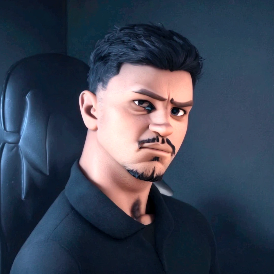 dark man, with beard and goatee, dark shaped eyes, disney pixar animation