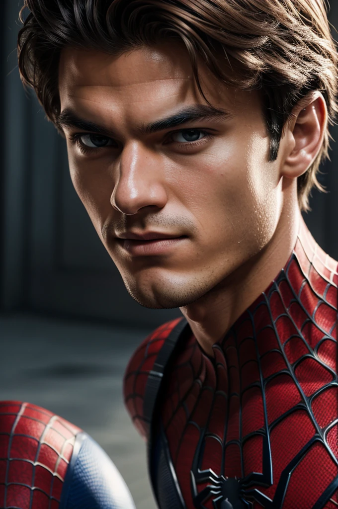 A photograph of spider man, no mask, 20 yo, handsome, detailed face, looking at camera, portrait, 8k uhd, high quality