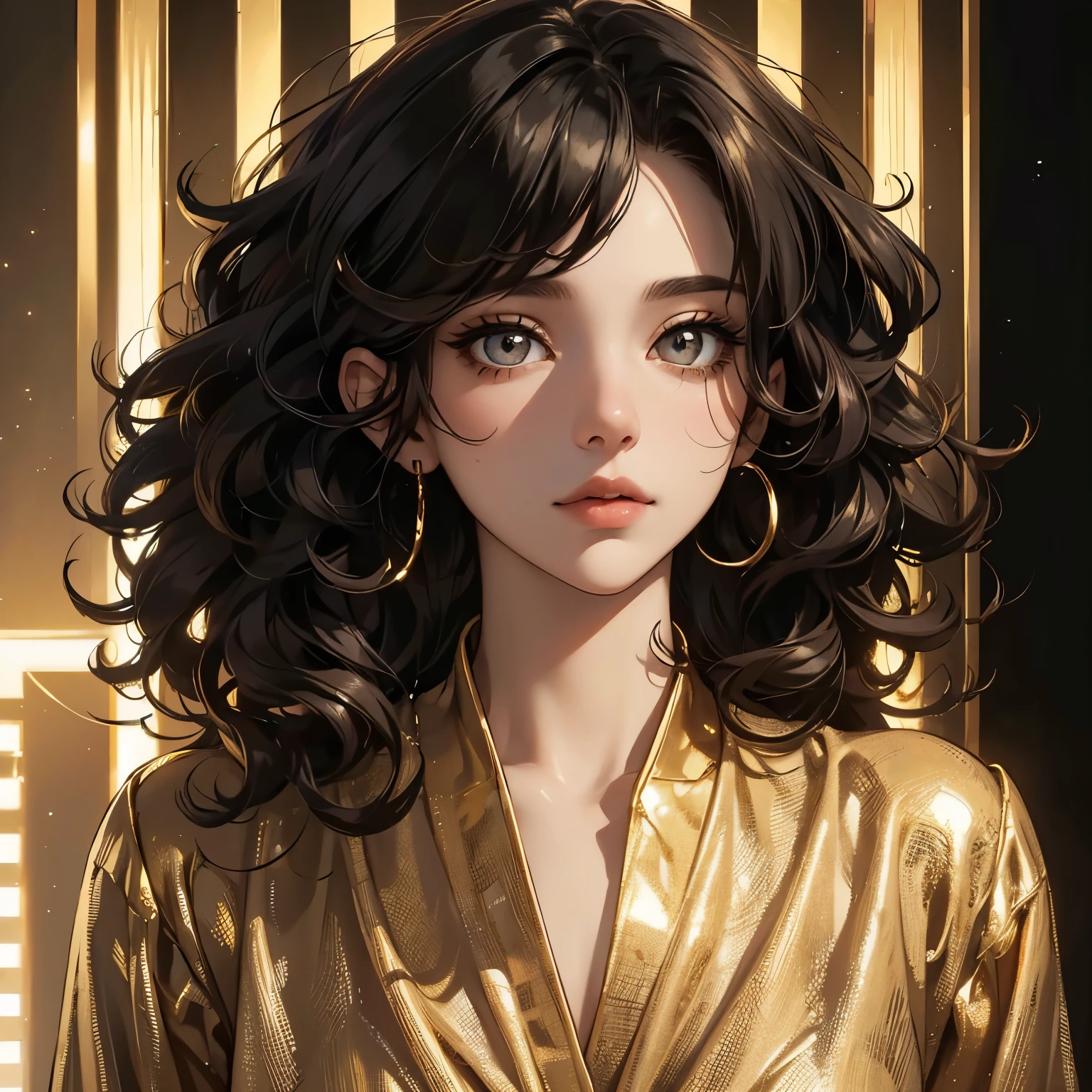 woman,best quality, masterpiece,, gold eyes, hip clothes,gold light construction in the back, upper body,hair strand,Fair skin,black curly hair, detailed eyes