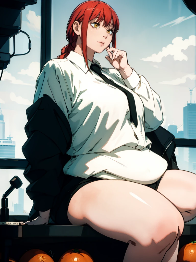 Le personnage Makima de la série animée Chainsaw Man, fragile, obésité morbide, ssbbw, pleine longueur (corps entier 1.1.), fond sombre, obscurité, anatomie correcte 1.1, anatomie correcte de la main, Très féminin, corps gras et rond, grosses Jambes, fesses, beau corps obèse, ventre rond et mou très gras, cheveux roux, Yeux oranges, Cercles rouges pour les écoliers, chemise blanche, jupe noire, cravate noire, pose sexy, réaliste, very détaillé, beau corps, détaillé body, détaillé hands, détaillé, vibrant, détaillé Face, Conception des personnages de Makima. very détaillé, détaillé body, détaillé hands, détaillé Face, Art animé, Hugh Détails, Visage très abattu, détaillé eyes, Illustration ultra fine, Meilleure ombre, détail fin, beautiful détaillé glow, beautiful détaillé, Extraordinairement beau, extremely détaillé, inexpressif, composition épique, Style animé. art animé, Style animé. Jupe noire, chemise blanche, cravatte, pose sexy, visage gros gras et bouffi, double menton 