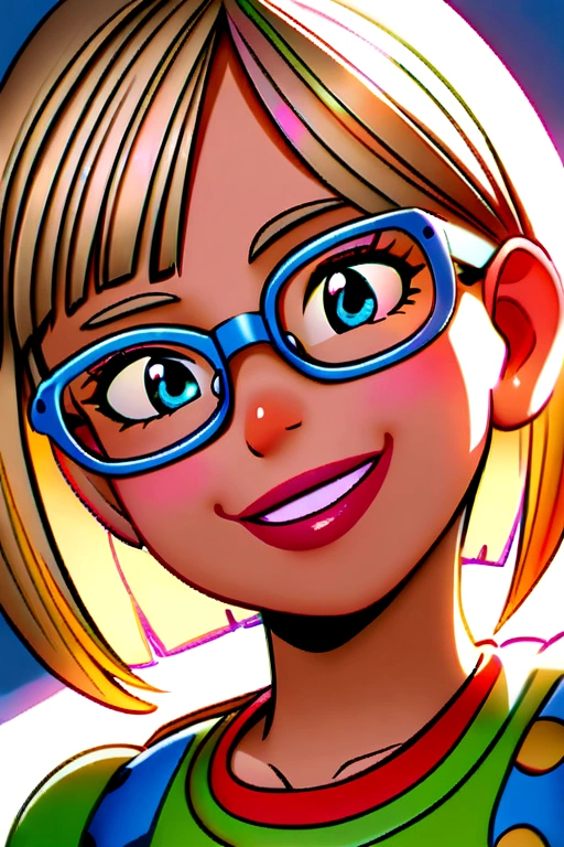 with glasses, very pretty smile and straight, blonde hair, toy story style