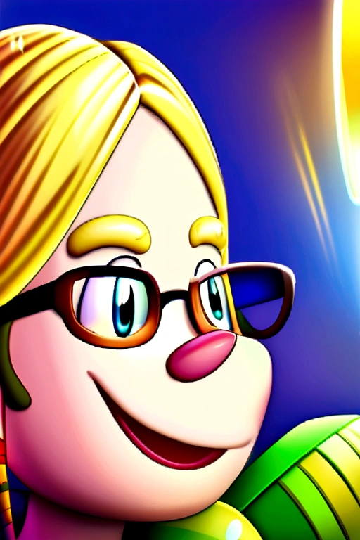 with glasses, very pretty smile and straight, blonde hair, toy story style
