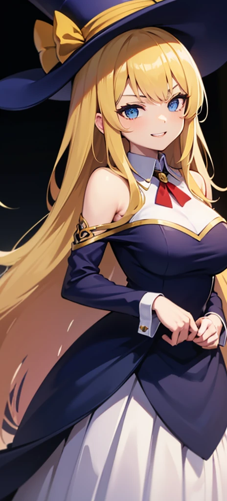 (( straight face picture )) ((best quality)), ((Masterpiece)), (details), Young woman , yellow hair , long hair , tie up hair ,With a red bow , Reserve female magic , blue eyes ,Blue purple set, Gold pattern, wearing a big brimmed hat , Magician , The dress is very beautiful. ,long dress,Smiling faces