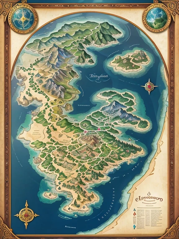 Map of the magical worlds of Elysium - a masterpiece of an artifact , showcasing the varied and enchanting landscapes of each kingdom.