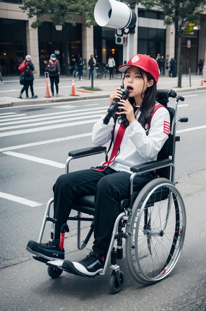 in a wheelchair with a megaphone