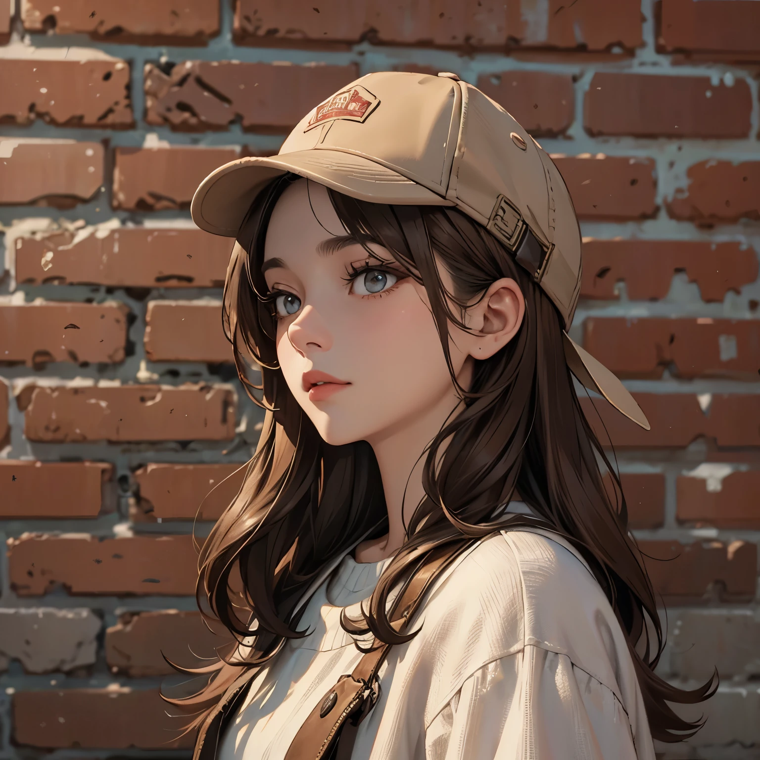 masterpiece、woman、brown hair、, brick background. wearing streatwear and cap