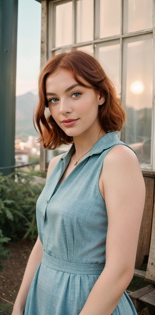 1 woman ((upper body selfie, Happy)), with Heterochromia (One Blue and One Green Eye) ((18 Years)), ((Extremely Intense and Detailed Skin)), 16K, masterpiece, best quality, ultra-detailed, 1960s Era Landscape, Authentic Vintage Attire, ((intricate Detailed Reddish Hair)), Nostalgic Expression, Period-appropriate Atmosphere, Vintage Selfie Moment, Charming Smiles, Iconic Surroundings, Retro Aesthetic, Timeless Beauty, Authentic Representation of the 1960s, Stylish Outfit, Time-Tested Clothing, Vintage Charm, Era-specific Cultural Elements, Captivating Scenery, Vintage Lighting, Crisp Details, Realistic Textures, Meticulous Historical Accuracy, Subtle Color Grading, Artistic Excellence, Nostalgic Beautyshadows, contrast, clear sky, style, (warm hue, warm tone:1.2), cinematic light, sidelighting, ultra high resolution, best shadow, RAW,Iphone 15 ,upper, corps