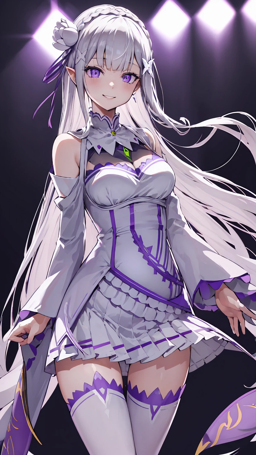 Lezero Emilia, emilia, braid, Crown braid, flower, Hair Flower, hair ornament, Hair Ribbon, Long hair, pointy ear, (Purple eyes:1.2), White hair, x hair ornament,
Break Detach Color, Detached sleeves, frilly sleeves, frilld, Long sleeves, Miniskirt, Pleated skirt, bow ribbon, Skirt, thighs thighs thighs thighs, White skirt, White sleeves, white thighhig, Wide sleeves, zettai ryouiki,
BREAK (masutepiece:1.2), Best Quality, High resolution, Unity 8k Wallpaper, (Illustration:0.8), (Beautiful detailed eyes:1.6), extra detailed face, Perfect Lighting, extremely details CG, (Perfect hands, Perfect Anatomy),is standing、Evil Fall, 1girl in, solo, pubic tattoo,Lipakeup、lip stick、eye line / Mascara Eyeshadow Evil Fall、Bad Woman、bad looking、Empty eyes、Psychopaths、Eyes pink、Grinning、Smile, lightsmile,Knives、low angles、leggy、Long leguchimuchi、Transparent pupils、, ((Positive pregnancy test))fullbody image、high-heels、High heels、smile, Purple Lipstick、saliva, Micro Mini Skirt、Standing、(half:1.3), Wide Hips, Thick thighs, (Thigh Gap:1.2), Big Ass, (shaving、1 Girl, whole body,look up:1.4)