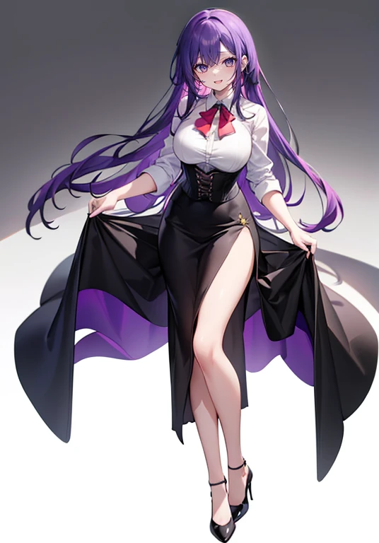 Purple hair,long hair,Adult female,suit,((White shirt)),((Rolling up your sleeves shirt)),(corset),(skirt),(slit),High heels,((Simple White background)),Smile,((Full body)),((whole body)),(((upright)))