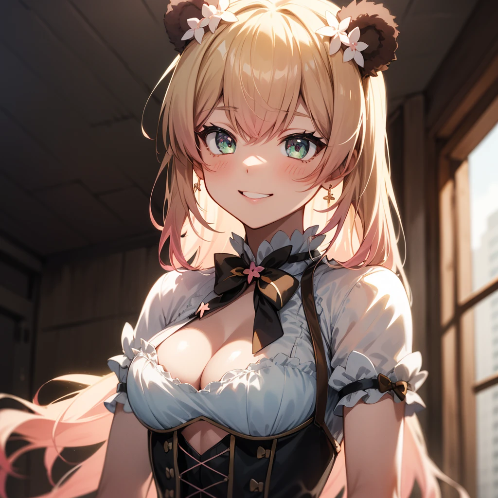 2d, masterpiece, best quality, anime, highly detailed face, highly detailed eyes, highly detailed background, perfect lighting, upper body, 1girl, solo, from below, nene_official, bear ears, two side up, corset, cleavage cutout, cutout above navel, underbust, multicolored bow, standing, embarrassed, smile, bedroom 