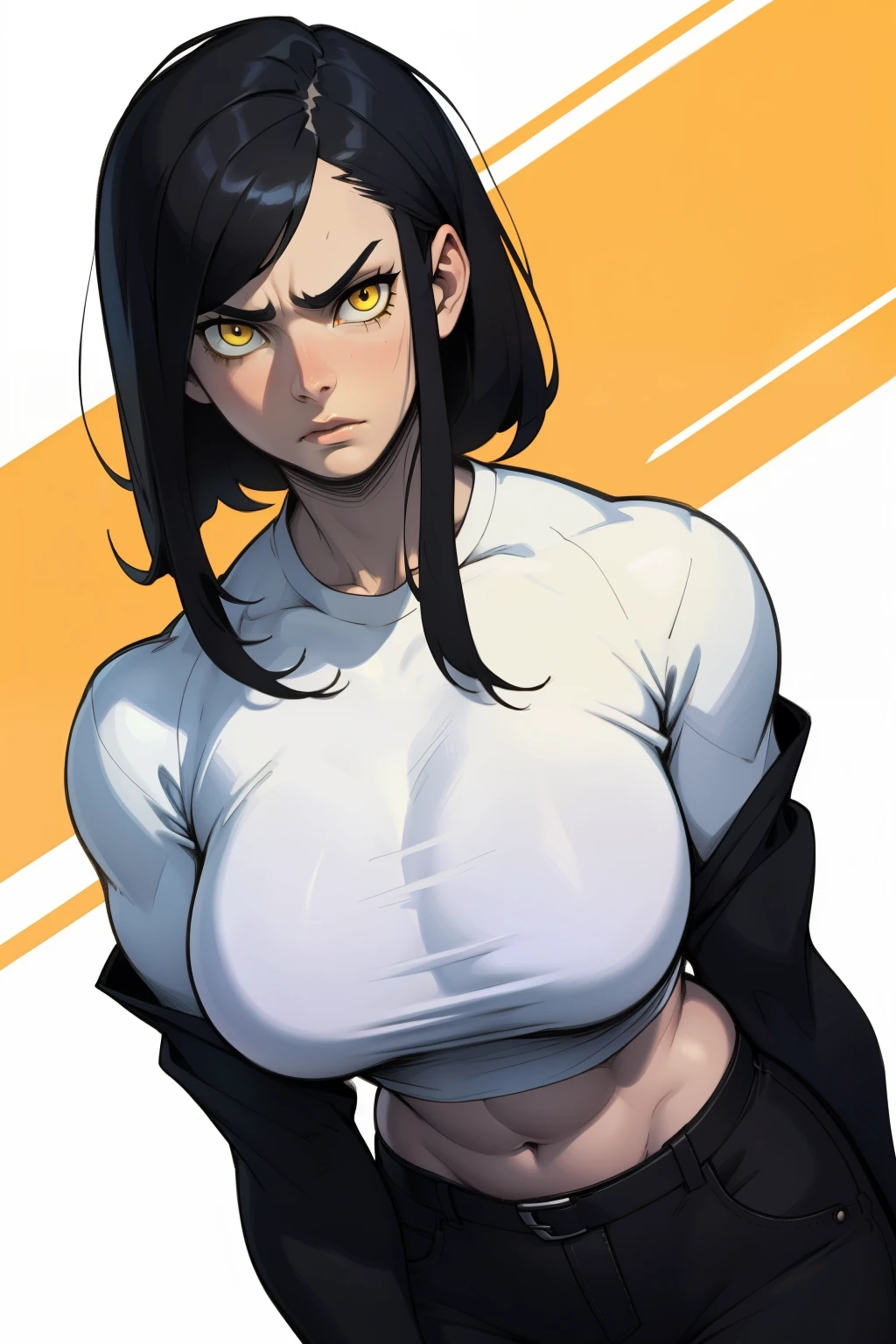 black hair yellow eyes pale skin muscular girl large breasts toned body frown tight shirt detailed eyes