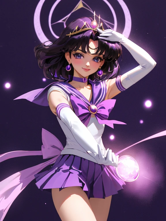 {{{{amazing quality, great quality, high quality, very aesthetic, aesthetic, best quality}}}}, 
realistic, photo, shadow, Three-dimensional, absurdres, Digital art, 
{{{{Magical girl}}}}, beautiful girl, one girl, cute, pretty, lovely, charming, {{{{sailor saturn}}}}, teenage,  cute, pretty, lovely, charming, kawaii, sailor senshi uniform, purple skirt, elbow gloves ,tiara, purple sailor collar, purple choker, white gloves, jewelry, smile,
{{dynamic composition, , best quality, amazing quality, very aesthetic, very aesthetic, super elegant,