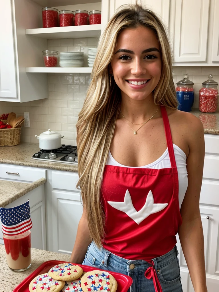 A 23-year-old blonde woman, ((pechos grandes)), ((hiperrealismo)). Blonde hair with light brown roots, cabello rubio, cabello extra largo, cabello muy largo, really long hair styled in a high ponytail. Photo taken with an iPhone, show entire body, whole body in frame, cleavage subtly visible. She is in the kitchen preparing for a 4th of July celebration, wearing a red apron over a white tank top and blue jeans. The kitchen is filled with patriotic decorations, and she is holding a tray of freshly baked cookies decorated with red, white, and blue icing, perfect hands