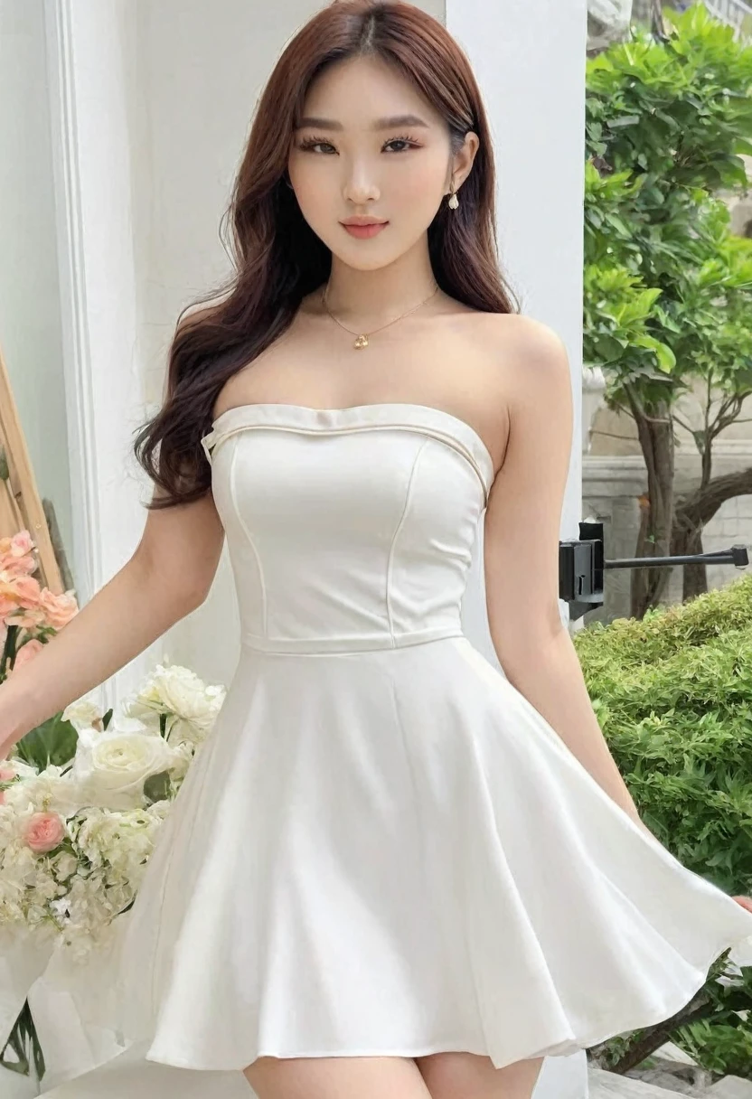 ((high quality:1.2)), (8k), extremely detailed, ((High detail:1.2)), ((best resolution:1.4)), Solo, 24 years old Korean Ulzzang female, ((tight short dress strapless)), BREAK, (((perfect hourglass hot body))), (((square and defined face of an extremely perfect and beautiful model))), 