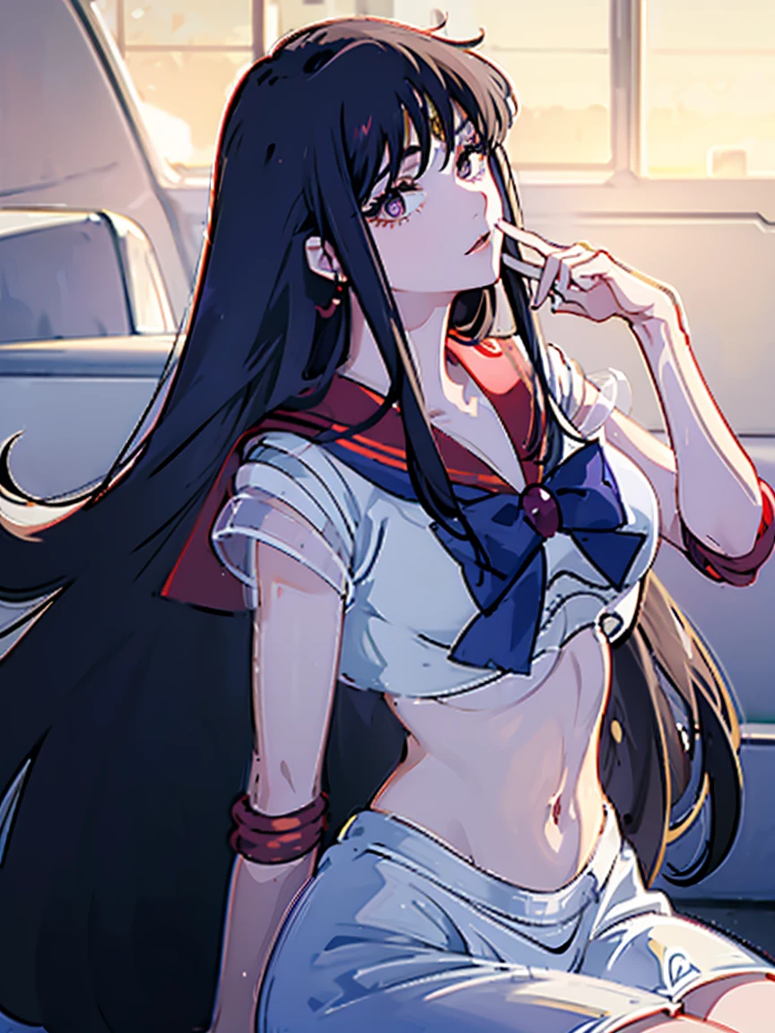 Sailor Mars, Unhealthy face;1.5, Dark Eyes, Dark circles under the eyes, Long Hair, Long Bangs, Eyes through the bangs, Big eyes
