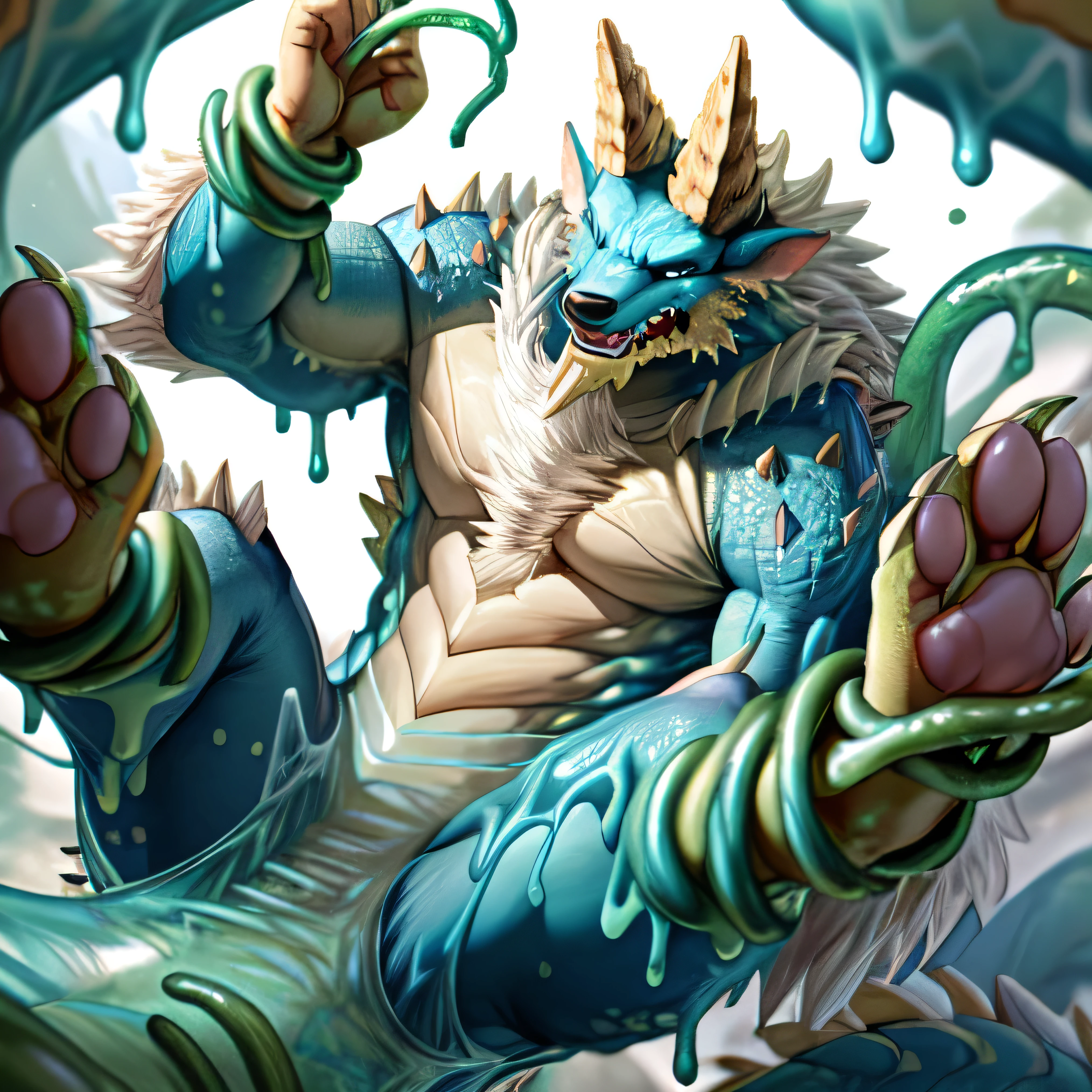 anthropology,(zinogre:1.2),Tail,((whole body,blue eyes, Blue body, White furry, Yellow Hand, Feet, Blue face,4 toes,Tail )),,muscular, whole body, (author：null-ghost,From raccoon21,masterpiece,high quality), Night Fight,((boundary)), rest (((Slime monster uses tentacles to fight dragon))，4 toes，struggle, (pain:1.3)，frown，annoyed, Worry,full body,pawpads,((horns))
