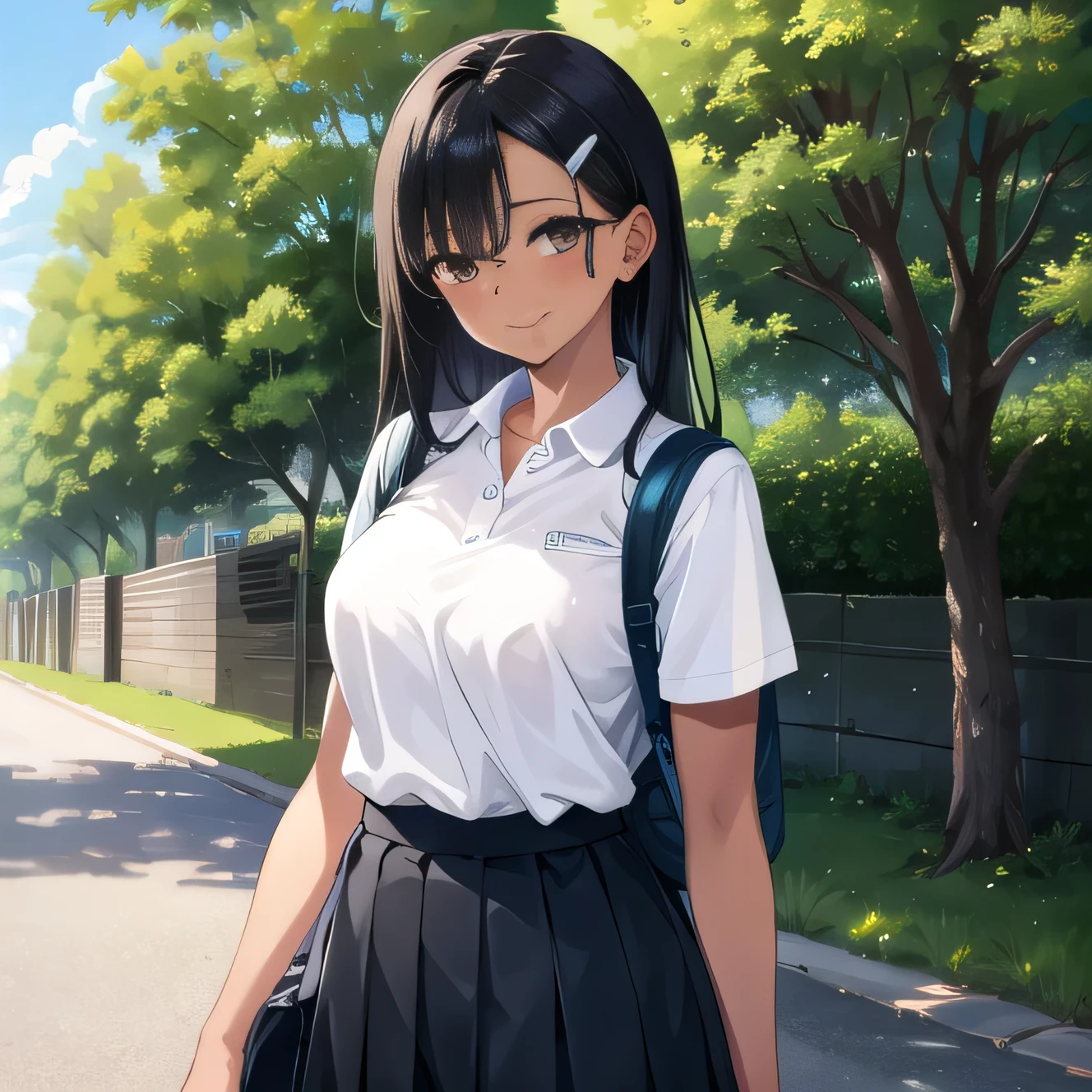 ((best quality)), ((masterpiece)), (details), one girl, sexy ((best quality)), ((masterpiece)), (details), one girl, sexy ((best quality)), ((masterpiece)), (details), one girl, full body, sexy expensive body, expensive, long legs, mature woman, mature, adult, it_nagatoro_main, Nagatoro Hayase, one girl, blushing, alone, uniform polo shirt, black hair, bag, brown eyes, hair accessory, looking at viewer, hair clip, outdoors, backpack, smiling, long hair, dark skinned woman, dark skin, , bangs, daytime, skirt, collared shirt, collarbone, ear clip, mouth closed, tree, asymmetrical bangs, upper body