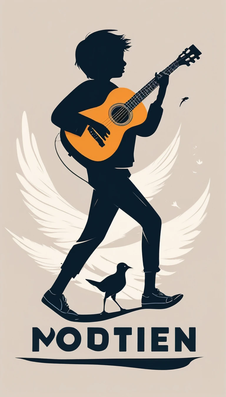 Create a modern, minimalistic logo design for a brand about music and movies. The logo must be in minimalistic style and convey a sense of storytelling. The logo is the silhouette of a boy and a bird. The boy is running with open arms, holding an acoustic guitar in the right hand and a bird feather in the left hand.