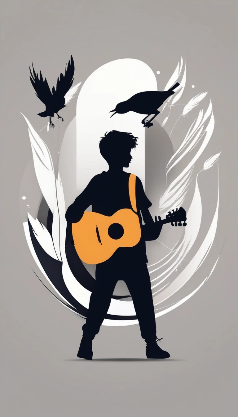 Create a modern, minimalistic logo design for a brand about music and movies. The logo must be in minimalistic style and convey a sense of storytelling. The logo is the silhouette of a boy and a bird. The boy is running with open arms, holding an acoustic guitar in the right hand and a bird feather in the left hand.