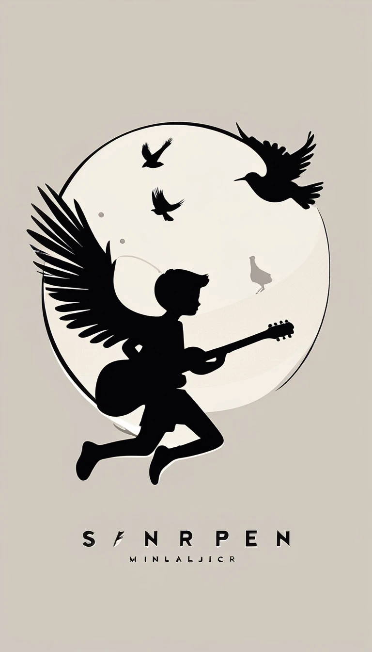 Create a modern, minimalistic logo design for a brand about music and movies. The logo must be in minimalistic style and convey a sense of storytelling. The logo is the silhouette of a boy and a bird. The boy is running with open arms, holding an acoustic guitar in the right hand and a bird feather in the left hand.
