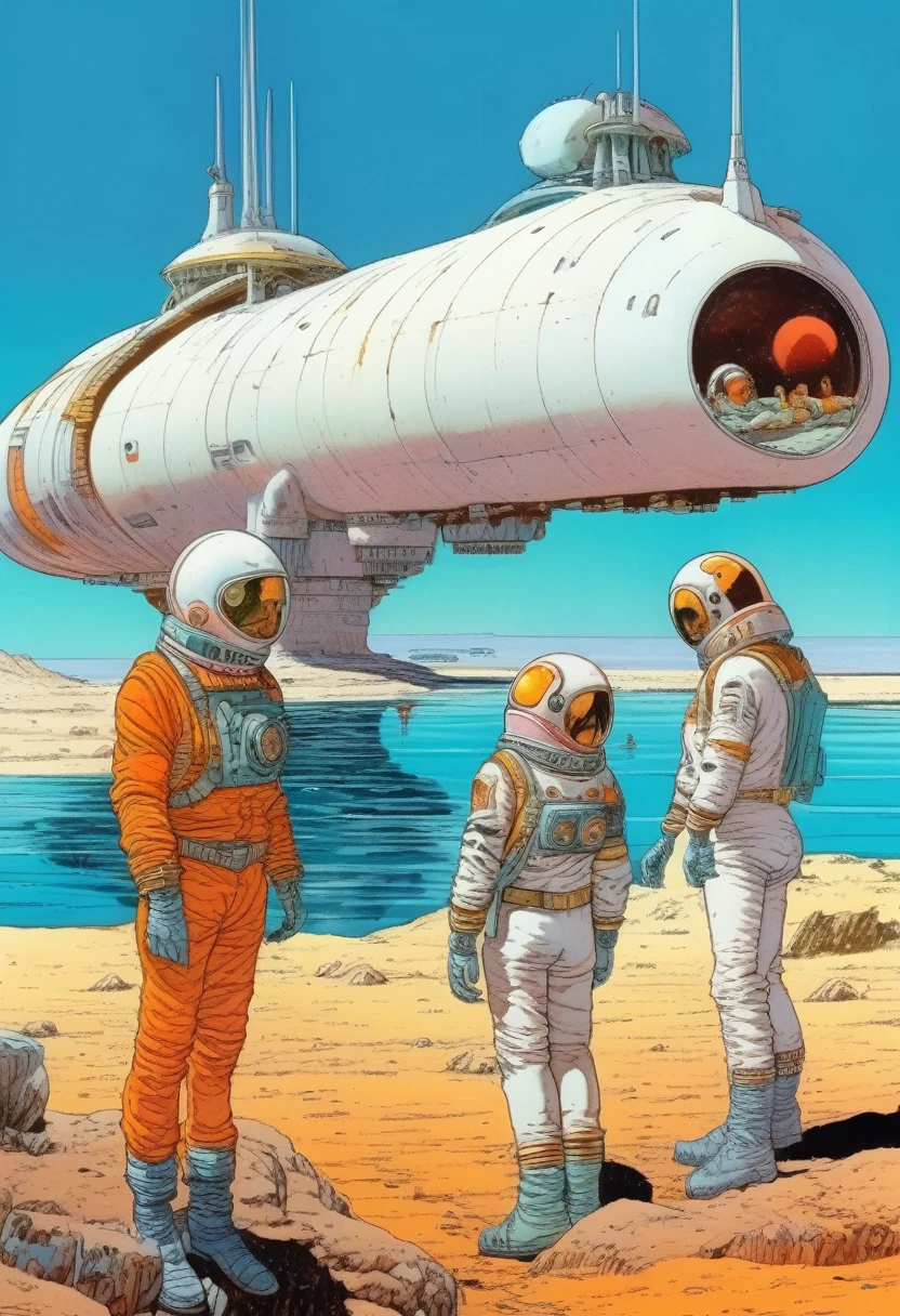Mobis (Jean Giraud) Style - A picture by Jean Giraud Mobis, The picture shows a group of astronauts resting by the water, Huge white rib background,western backdrop in Mobis' signature style with sharp detailing and vibrant colors. Shot with Panavision Panaflex Gold II and Ultra Panavision 70 lenses, The image is full of film grain and low-key lighting,It creates a mysterious and tense atmosphere.