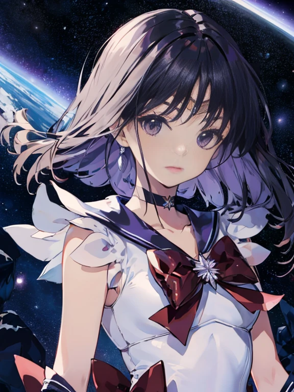 Sailor Saturn, purple Sailor collar, Sailor collar, Sailor Warrior Uniform, Gold tiara on forehead, Tomoe Hotaru, space, silence_sword,, (masterpiece:1.2), (Highest_quality:1.2), (Ultra_detailed:1.3), 8k, very_clear,